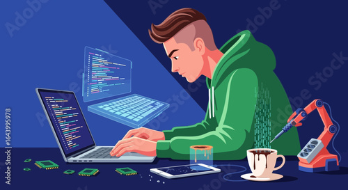 A focused programmer coding with advanced technology showcasing modern software development and innovative workspace setup
