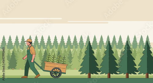A Forester Planting Pine Trees: Illustration of a man pushing a cart filled with young seedlings in a green forest