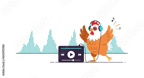 A funky cartoon chicken wearing headphones and listening to music in vector format