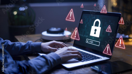 Cybersecurity threat detected on laptop computer with padlock and warning signs for digital protection