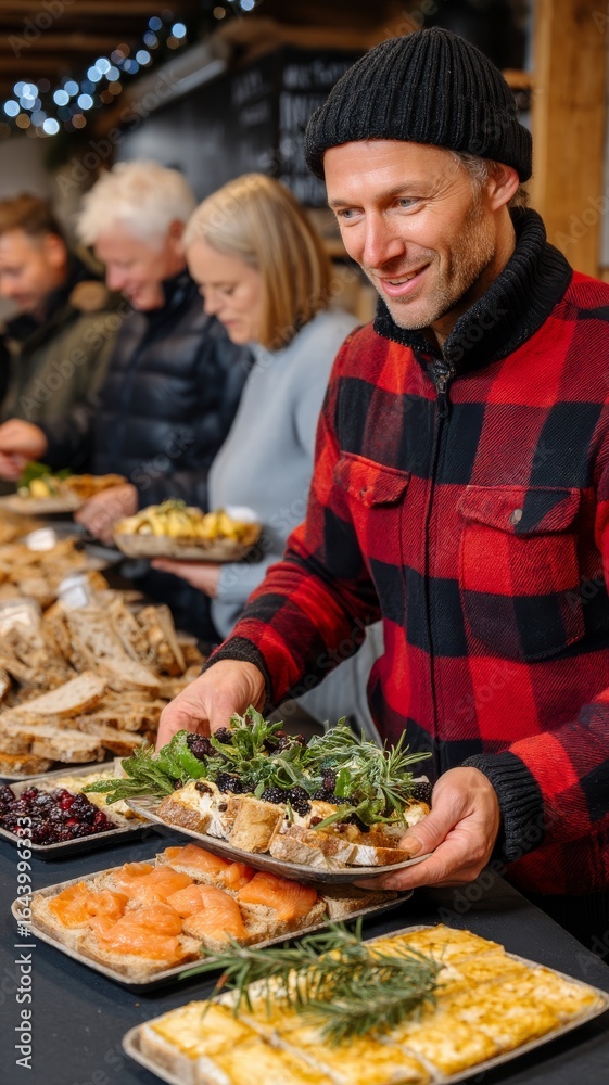 Man Smiling While Serving Food at a Community Christmas Event with Friends and Festive Atmosphere Man Smiling While Serving Food at a Community Christmas Event with Friends and Festive Atmosphere