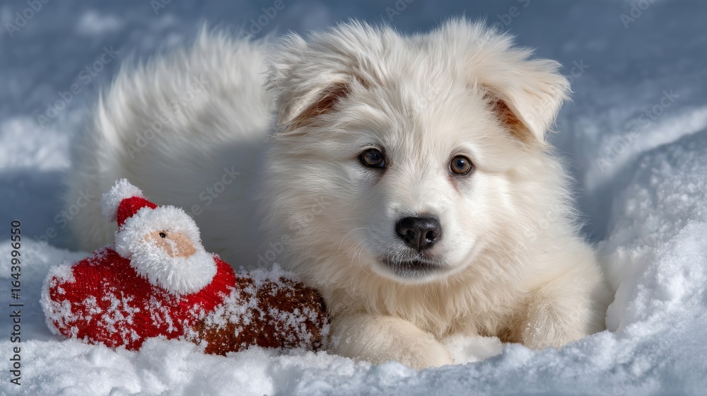 Fototapeta premium Fluffy White Puppy Lying in Snow with Festive Santa Toy Creating Playful Winter Scene