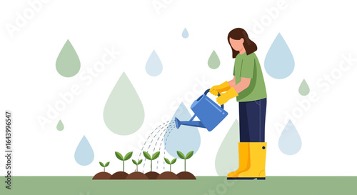 A gardener tending to young plants with watering can showcasing spring season growth