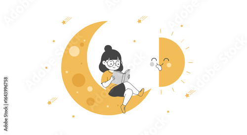 A girl is reading a book on the moon while the sun is smiling at her and everything is cute and sweet