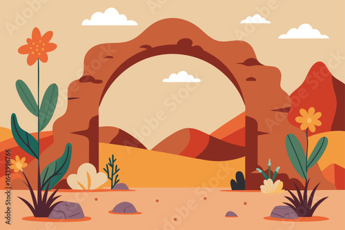 rock archway in a desert with lizards and flowers .eps