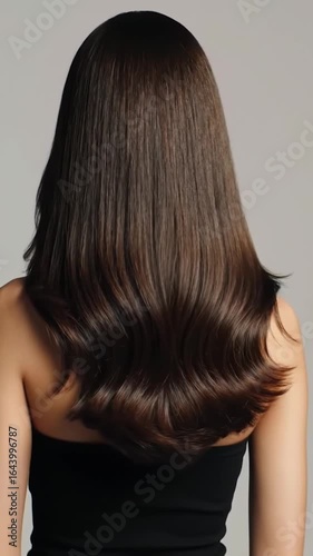 Glossy brown hair studio portrait, back view with black strapless top. Flowing long hair, neutral gray background, sleek polished look. Soft lighting, healthy hair, professional photography.