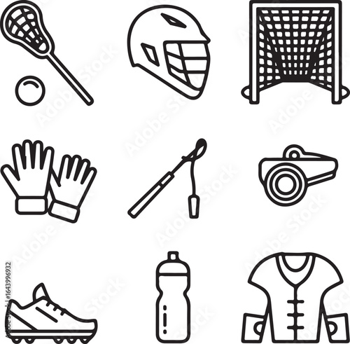 Lacrosse Essentials Outline Icons Set — Stick, Helmet, Ball, Gloves, Goal, Whistle, Shoes, Water Bottle, and Protective Gear