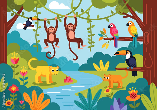 Vibrant Rainforest Scene with Monkeys, Toucans, and Parrots