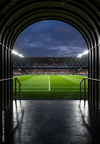 A high-contrast shot of a football stadium from the tunnel, highlighting the green field and glowing red lights