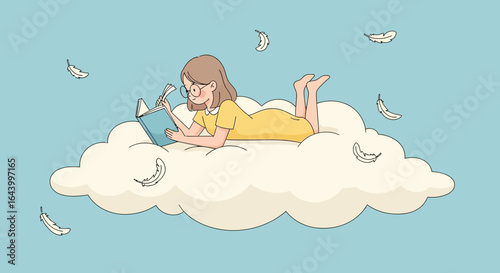 A girl reading on a cloud in the sky surrounded by feathers, evokes a sense of tranquility and imagination and peace