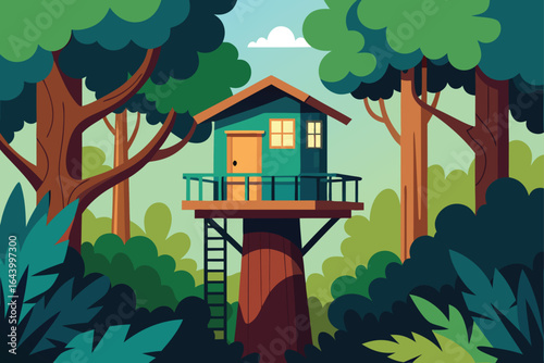 treehouse hidden in a forest canopy  .eps