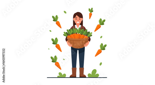 A happy female farmer with a basket full of fresh carrots in a joyful agricultural scene