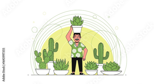 A Happy Gardener with His Cacti and Succulents Collection Illustrative Concept