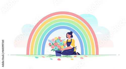 A happy florist woman arranges a colorful bouquet under a rainbow illustration