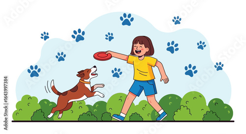 A happy girl playing frisbee with her dog in a park on a beautiful sunny day cartoon illustration for joyful and healthy outdoor activities