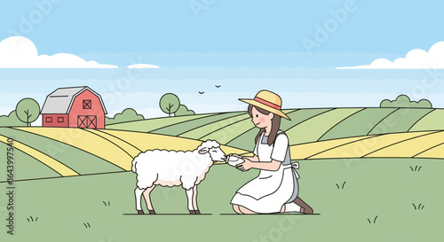 A heartwarming farm scene featuring a woman feeding a sheep in a rural setting, farm life