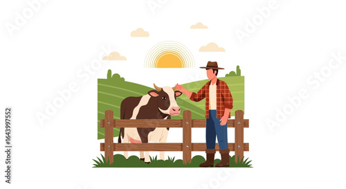 A heartwarming illustration depicting a farmer's tender moment with his cow on a farm with sun