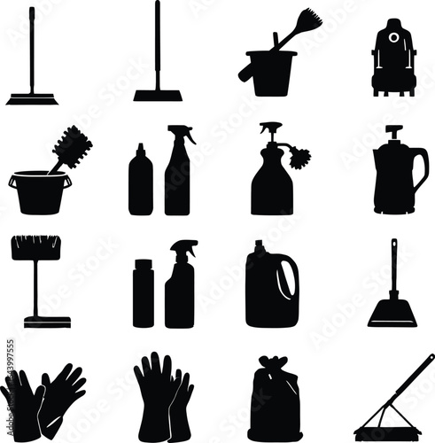Set of 16 Black and White Cleaning Equipment Icons Featuring Mop, Broom, Buckets, Vacuum Cleaner, Spray Bottles, Gloves, Dustpan, Trash Bag, Squeegee, and Detergent Containers—Minimalist Silhouettes f