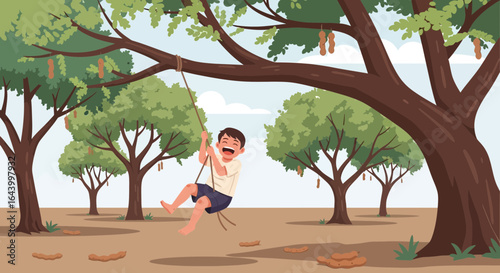 A joyful boy swinging on a tree swing in a serene tamarind orchard landscape evokes childhood memories
