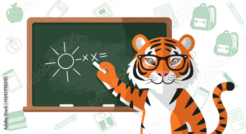 Adorable tiger teacher writing on a blackboard surrounded by school-related icons with a fun educational concept perfect for back to school