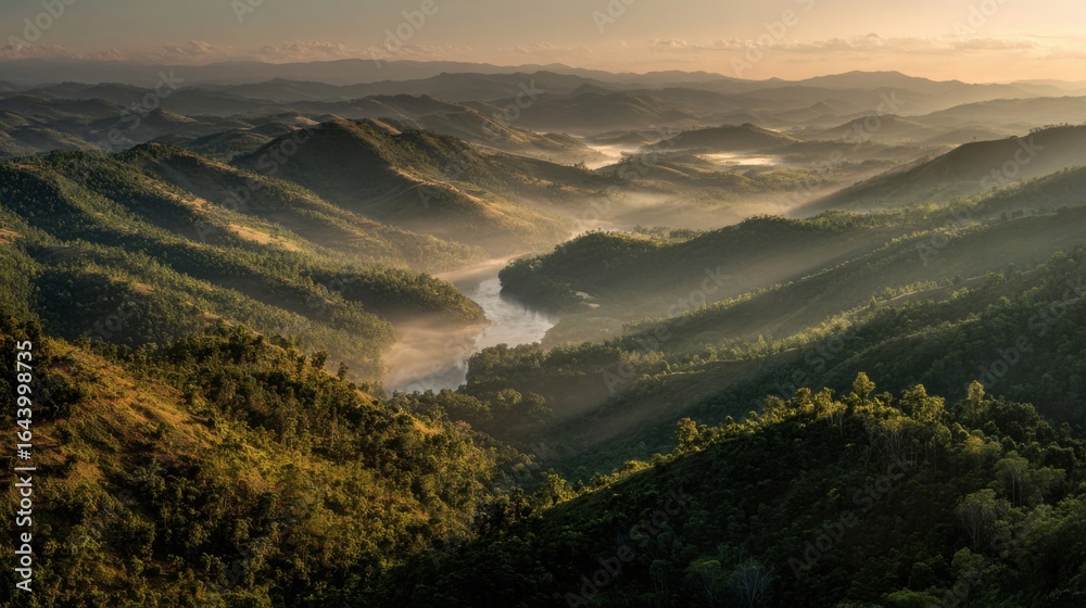 Fototapeta premium a view of a valley with a river in the middle