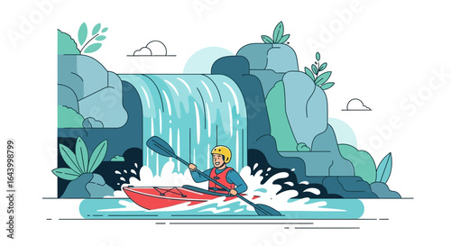 Adventure Seeker Kayaking Through A Waterfall Landscape Minimal Illustration