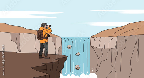 Adventurer exploring a waterfall canyon with binoculars, enjoying the scenic view and wilderness discovery on a cliffside landscape