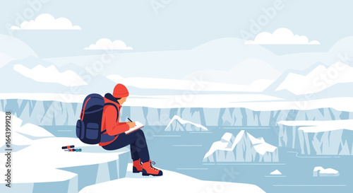 Adventurer sketching the frozen arctic landscape surrounded by glacial icebergs