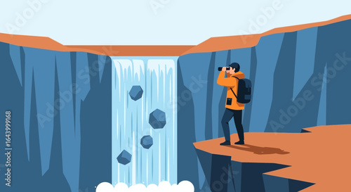 Adventurer watching waterfall scene through binoculars appreciating natural beauty vector illustration