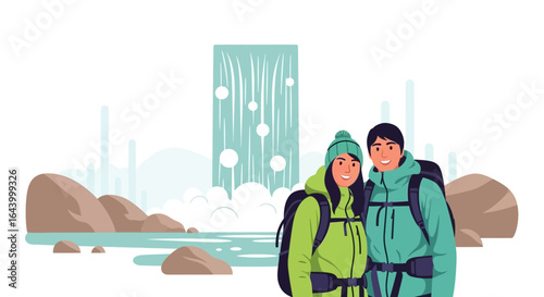 Adventurous couple hiking in nature near a picturesque waterfall landscape design