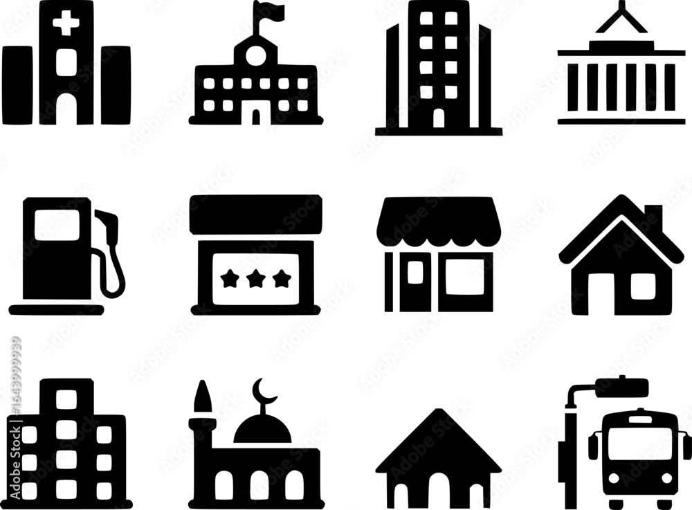 Obraz premium Collection of building icons including hospital school office gas station shop mosque house and bus