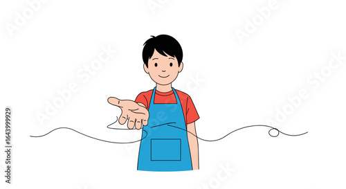 Young person with black hair in a blue apron offering a thread to the viewer