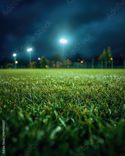 Night-time close-up of a dewy, artificial grass field illuminated by bright stadium lights under a dramatic, dark sky