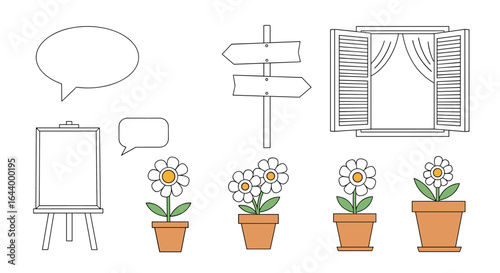 Illustration of daisies window easel and signposts with speech bubbles