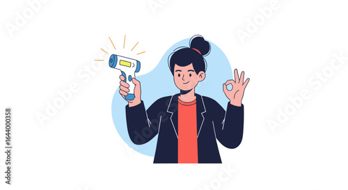 Person holding a non-contact thermometer showing ok gesture health check