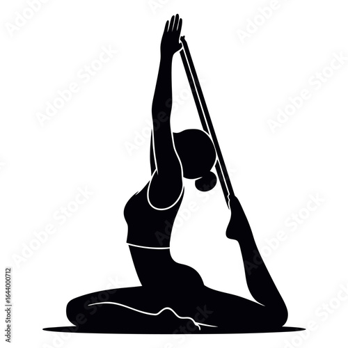 A black silhouette of a woman in a yoga pose, using a prop for support, with her arms raised and legs bent.
