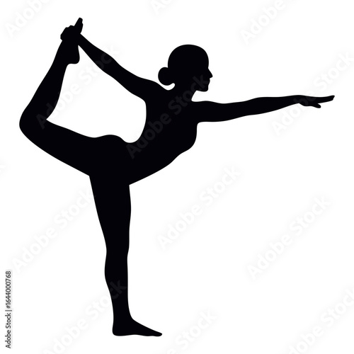 A black silhouette of a woman in a graceful yoga pose, balancing on one leg with the other extended upwards.