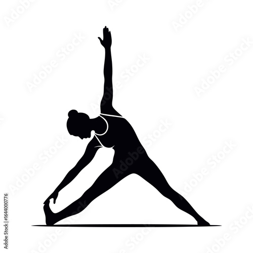 A black silhouette of a woman in a yoga studio performing the triangle pose, with one arm extended upwards.