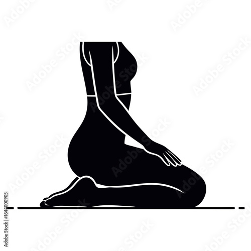 A black silhouette of a woman kneeling on a yoga mat, with a clean white background highlighting her form.