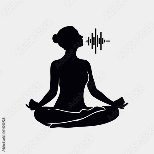 A black silhouette of a woman in a meditative pose, with sound waves visualized emanating from her mouth, symbolizing vocalization or sound healing.