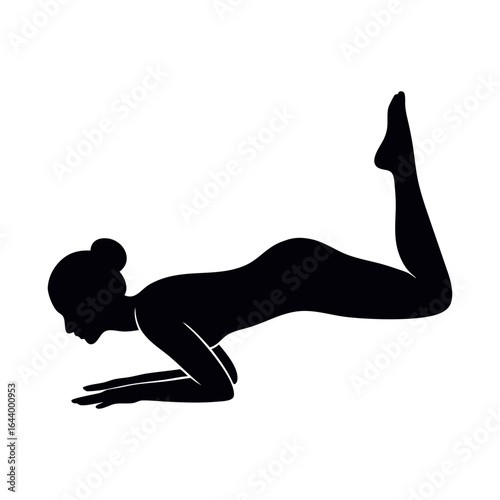 A black silhouette of a woman in a forearm plank position, with her right leg extended upwards, against a white background.
