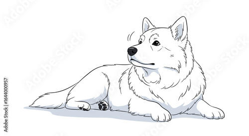 A faithful white dog rests contentedly on the ground looking around