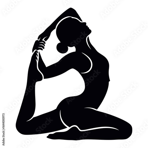 A black silhouette of a woman in a graceful yoga pose, highlighting flexibility and balance. The image is stark and minimalist.