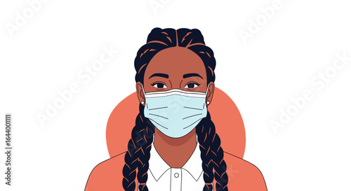 Young black woman wearing a protective face mask and braids standing in front of an orange circle