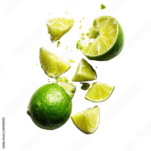 Exploding limes, vibrant green citrus wedges and zest scattered mid-air against black background