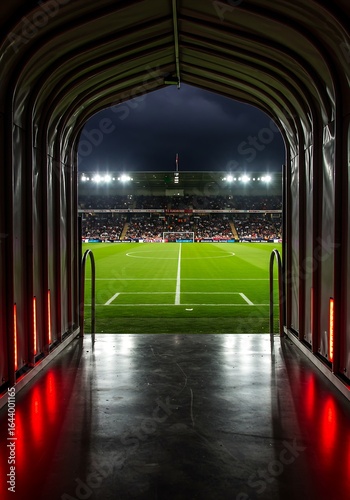 The powerful contrast of a dark, red-lit tunnel leading to the brilliant spectacle of a crowded football stadium at night