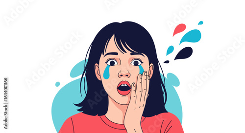 Woman crying out loud with tears streaming down her face in shock