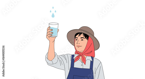 Farmer inspects clear drinking water quality in a glass under rainfall