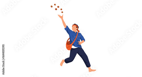 Person playing a traditional game of tossing and catching small objects