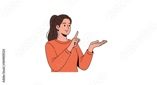 Young woman gesturing with index finger raised and open palm extended
